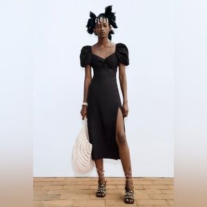 Zara Black BALLOON SLEEVE LINEN BLEND DRESS Size M